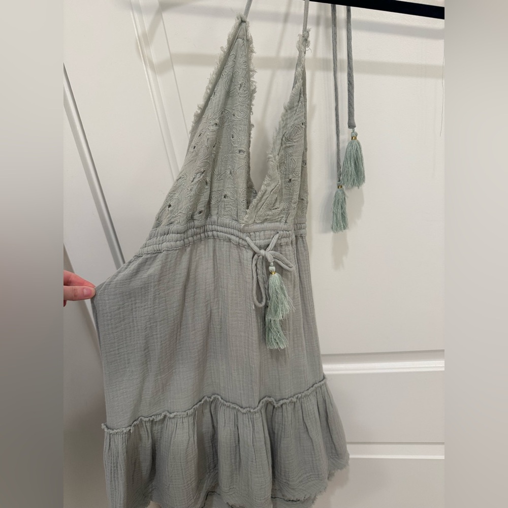 Sage Green Halter Dress with Tassels